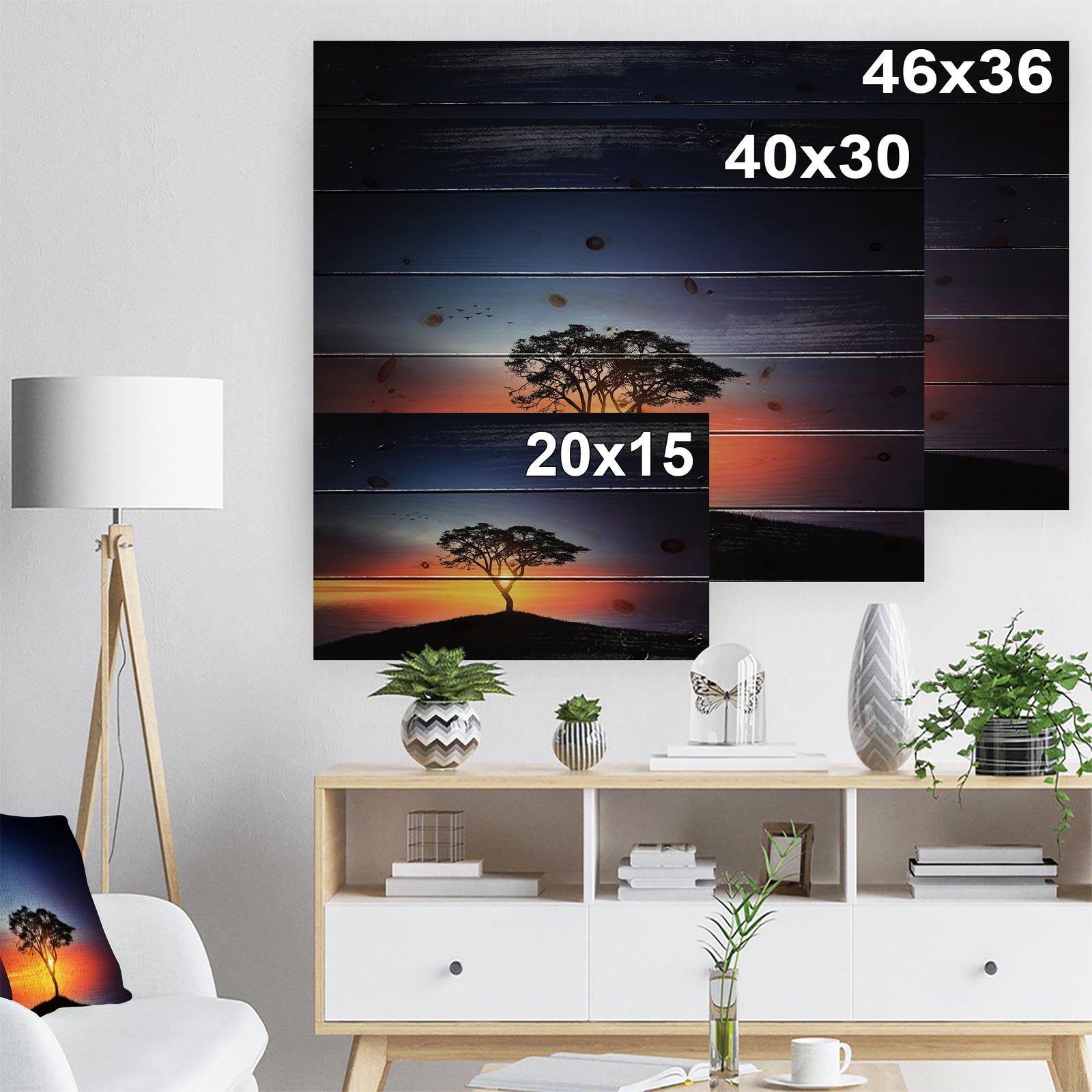 Beautiful Sunset over Lonely Tree - Landscape Print on Natural Pine Wood