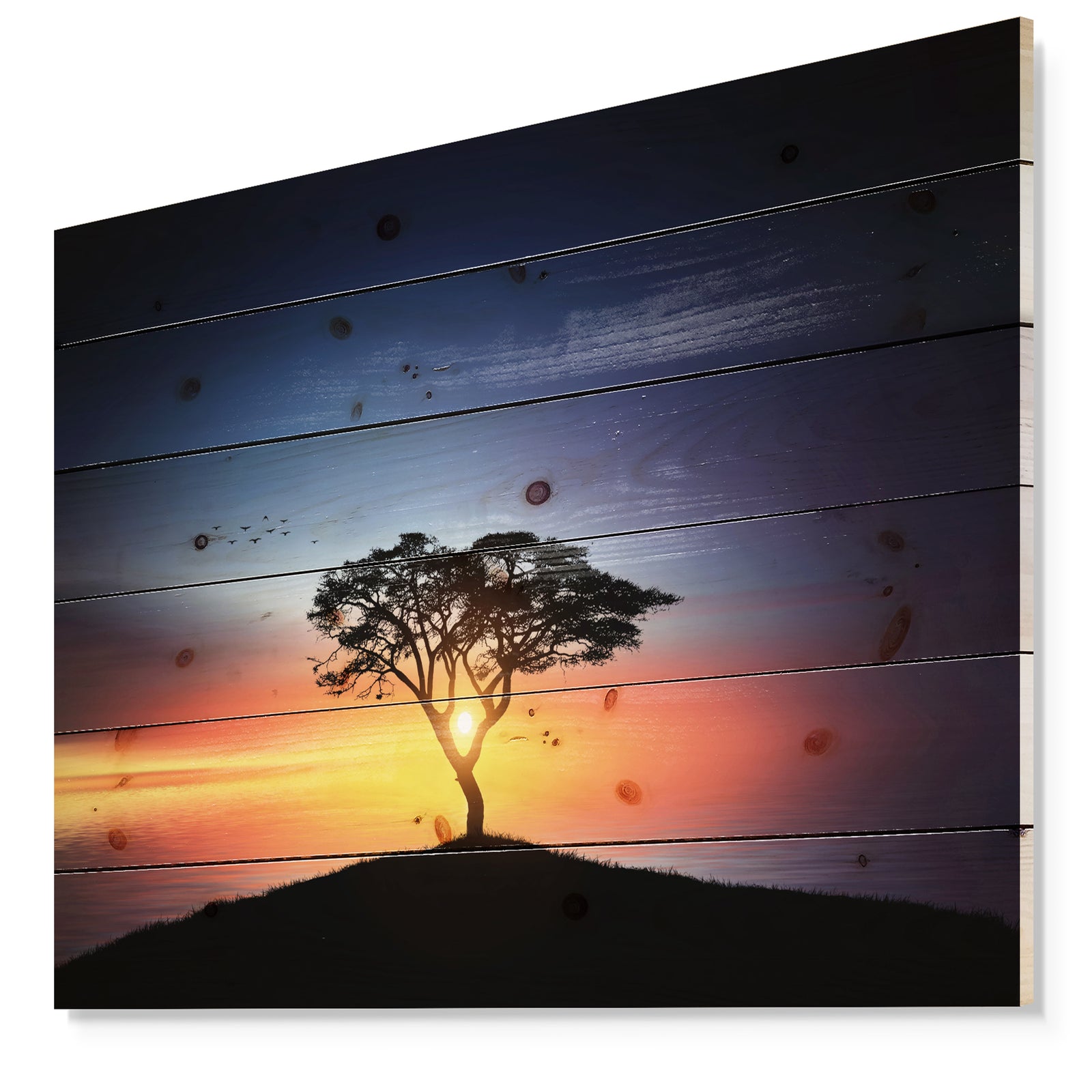 Beautiful Sunset over Lonely Tree - Landscape Print on Natural Pine Wood