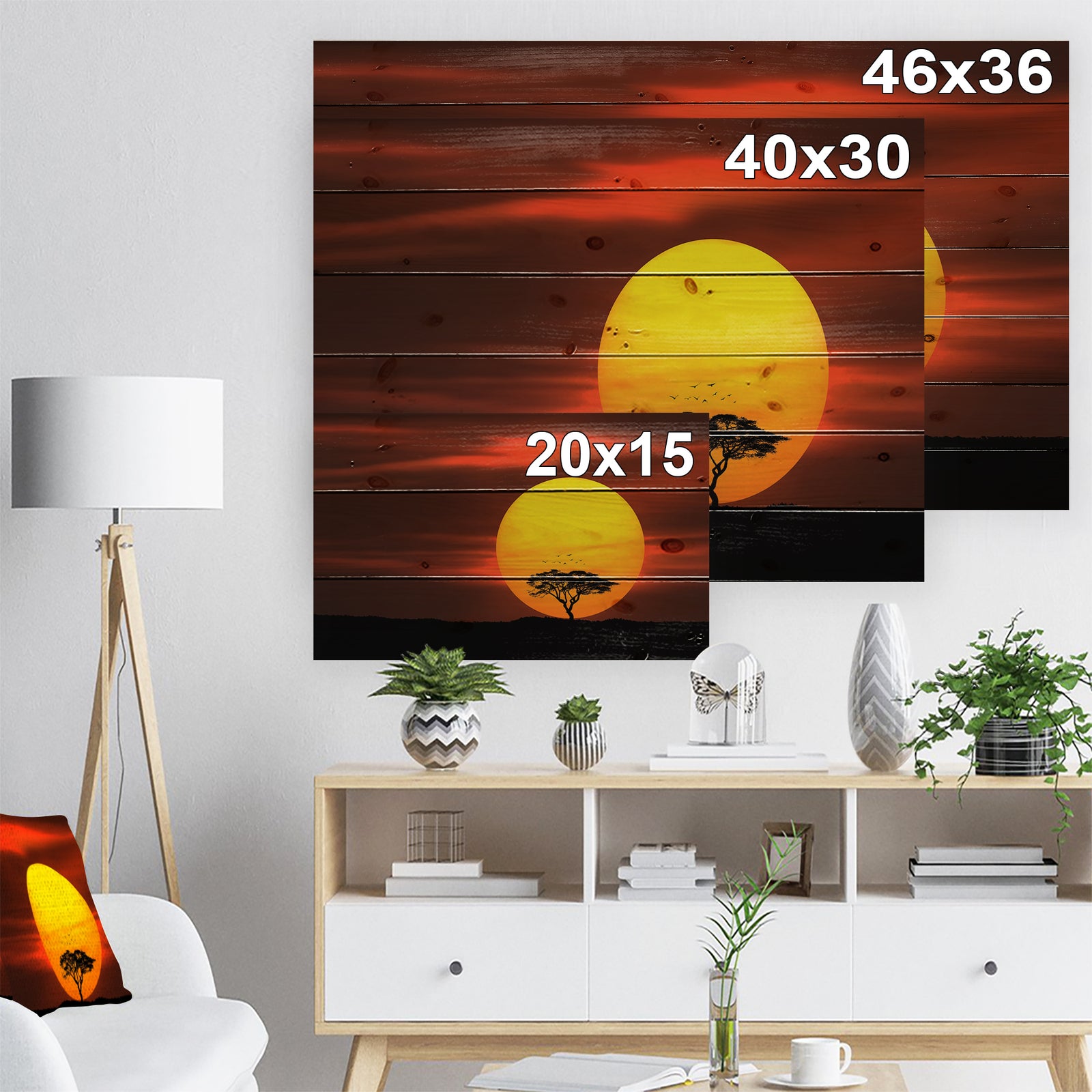 Lonely Tree with Birds at Sunset - Landscape Print on Natural Pine Wood