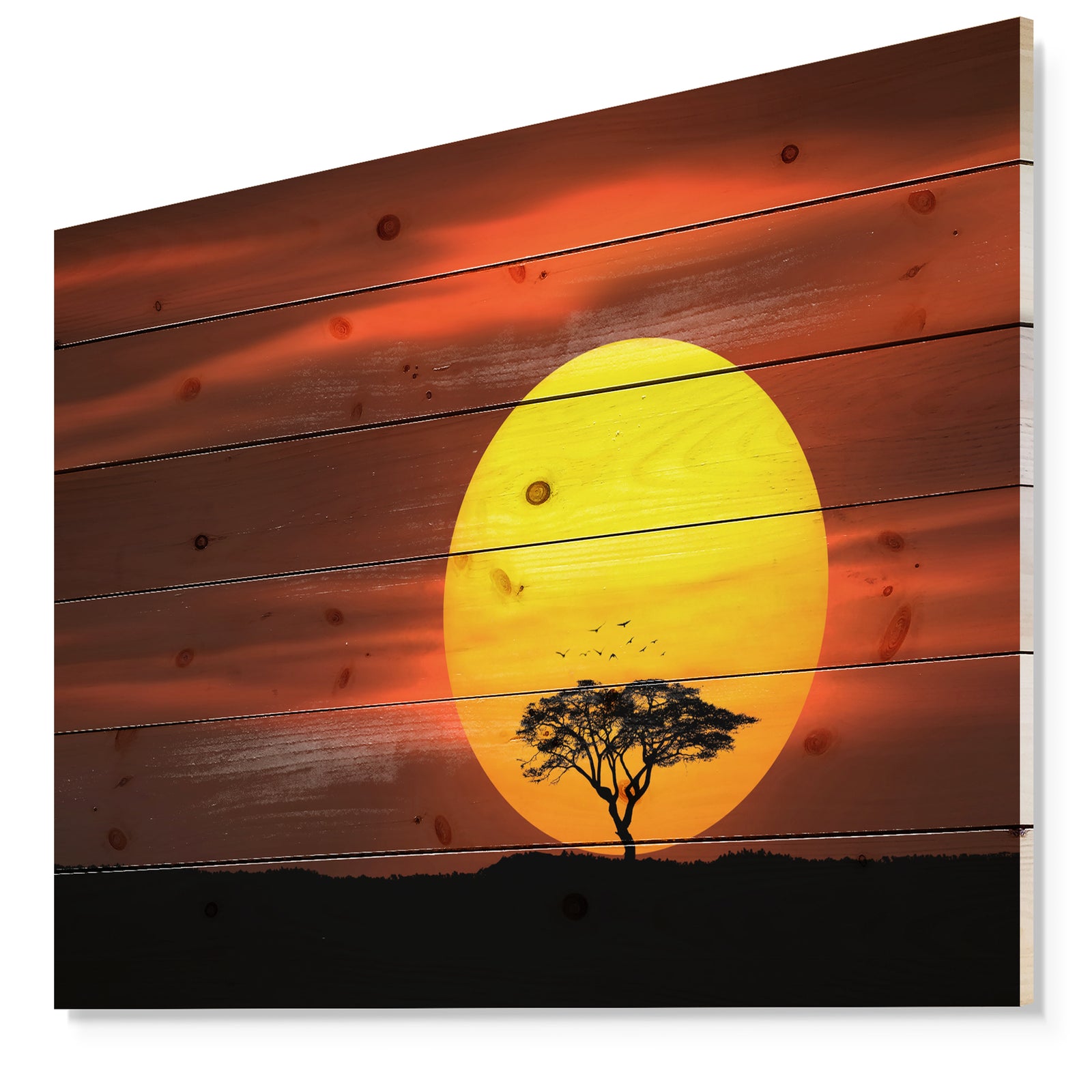 Lonely Tree with Birds at Sunset - Landscape Print on Natural Pine Wood