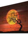 Birds and Tree Silhouette at Sunset - Landscape Print on Natural Pine Wood