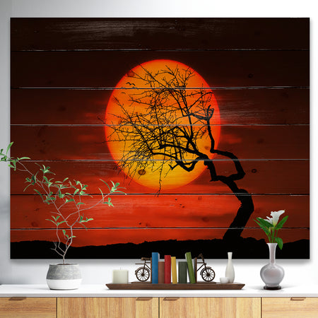 Birds and Tree Silhouette at Sunset - Landscape Print on Natural Pine Wood