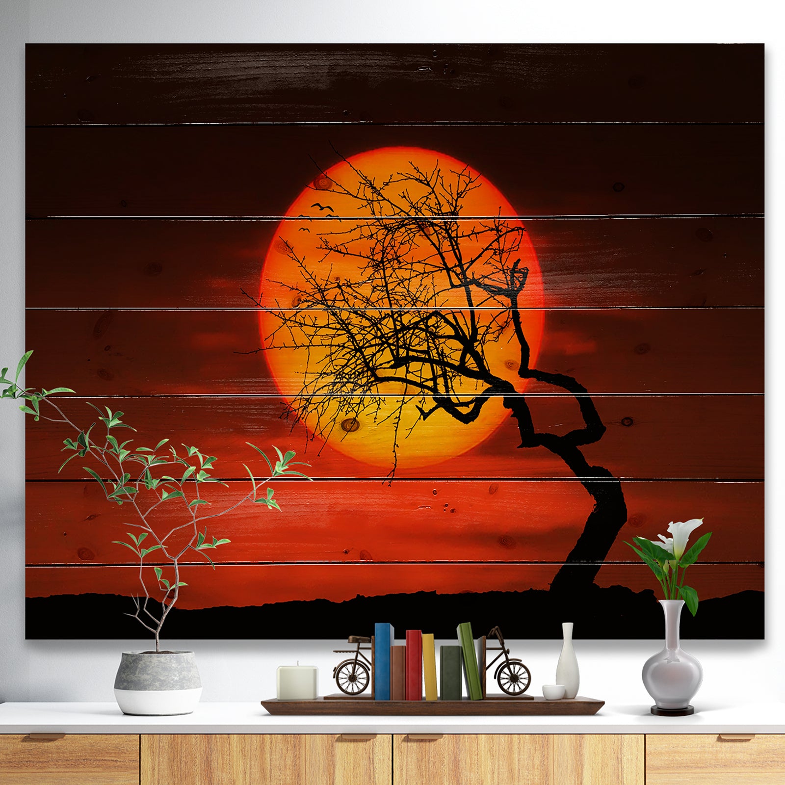 Birds and Tree Silhouette at Sunset - Landscape Print on Natural Pine Wood
