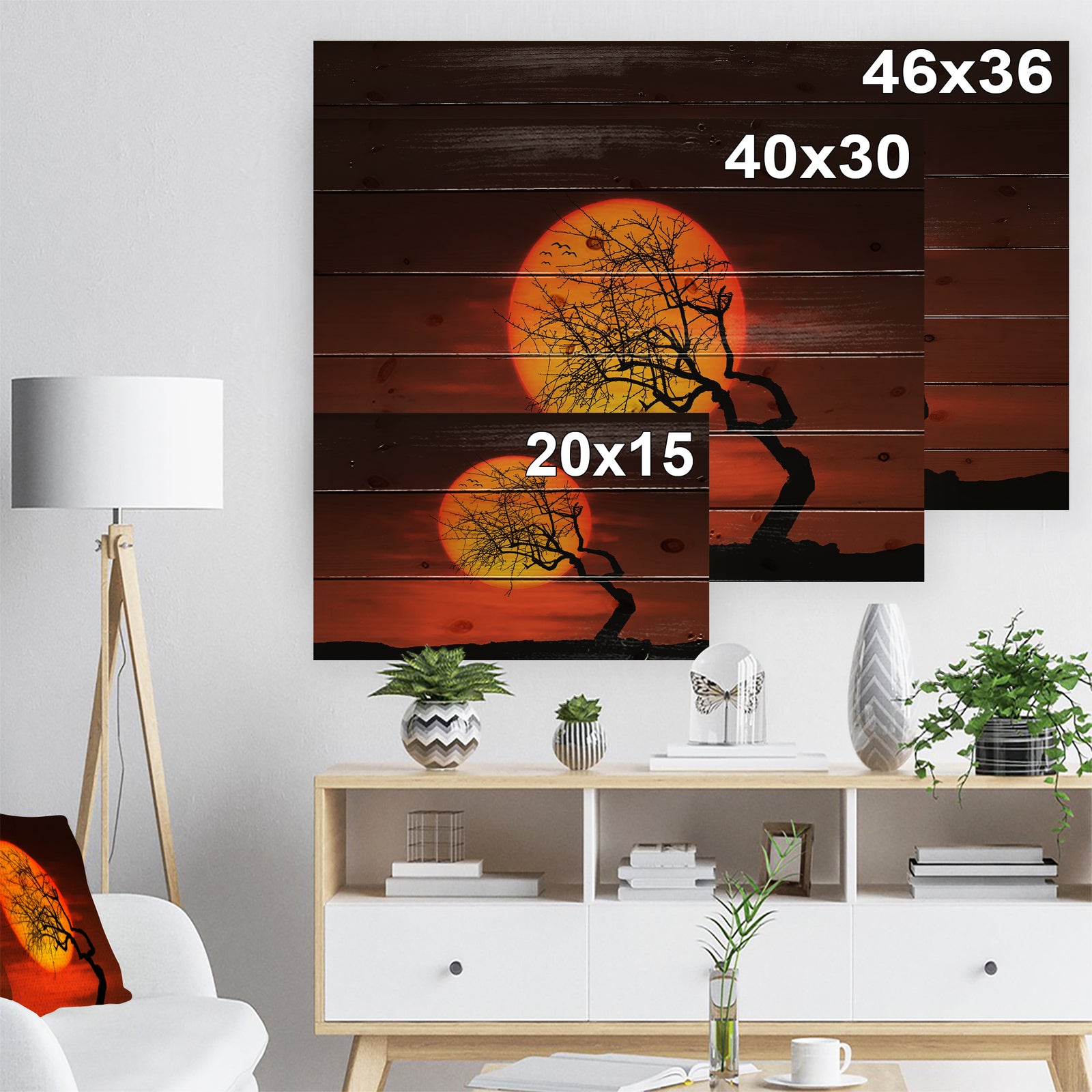 Birds and Tree Silhouette at Sunset - Landscape Print on Natural Pine Wood