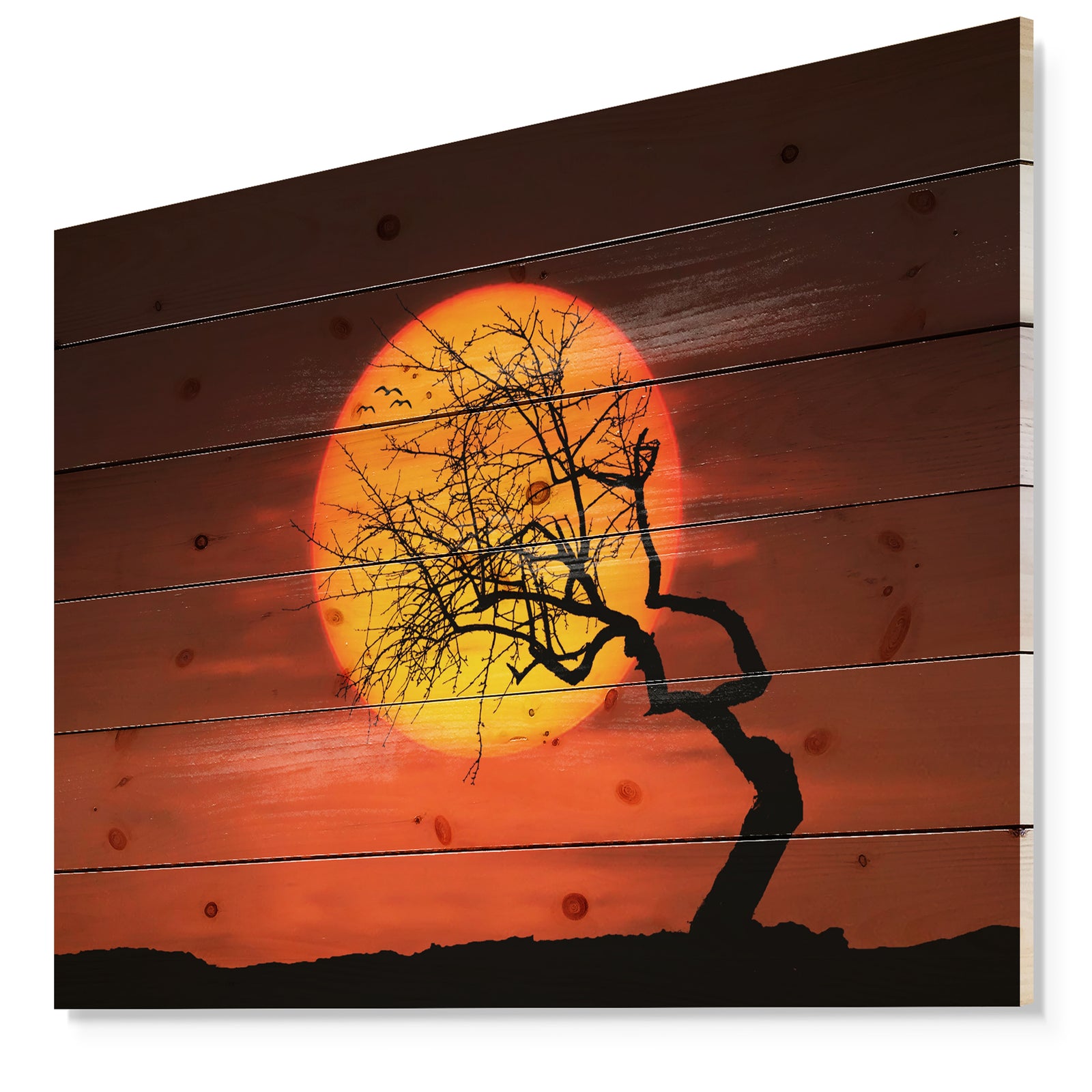 Birds and Tree Silhouette at Sunset - Landscape Print on Natural Pine Wood