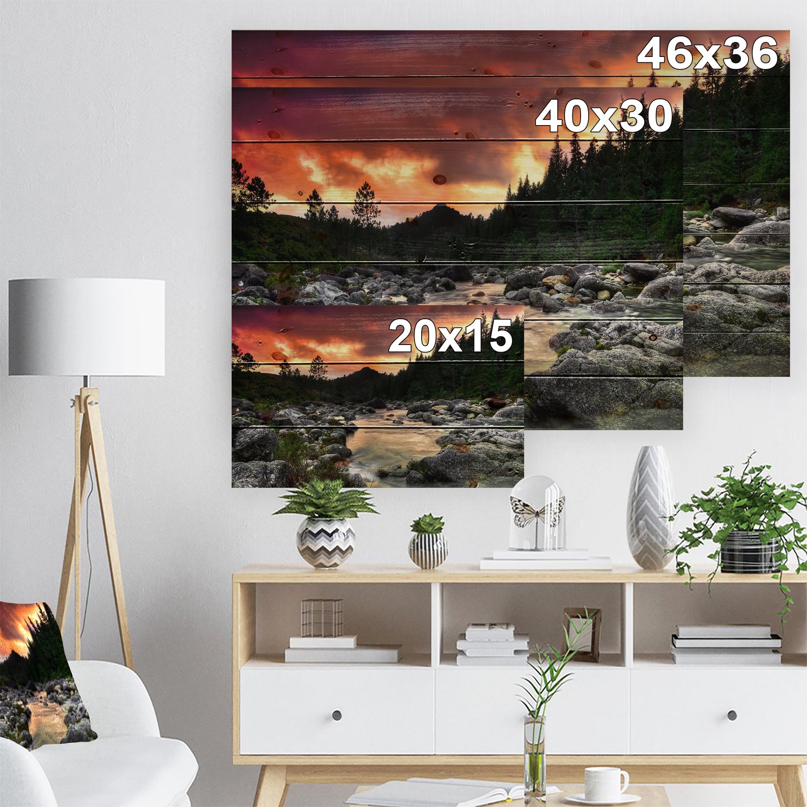 Rocky Mountain River at Sunset - Wall Art Landscape Print on Natural Pine Wood