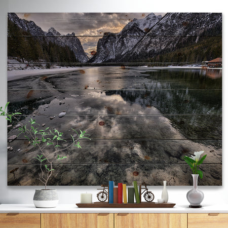 Black Icy Mountain Lake with Snow - Contemporary Landscape Print on Natural Pine Wood