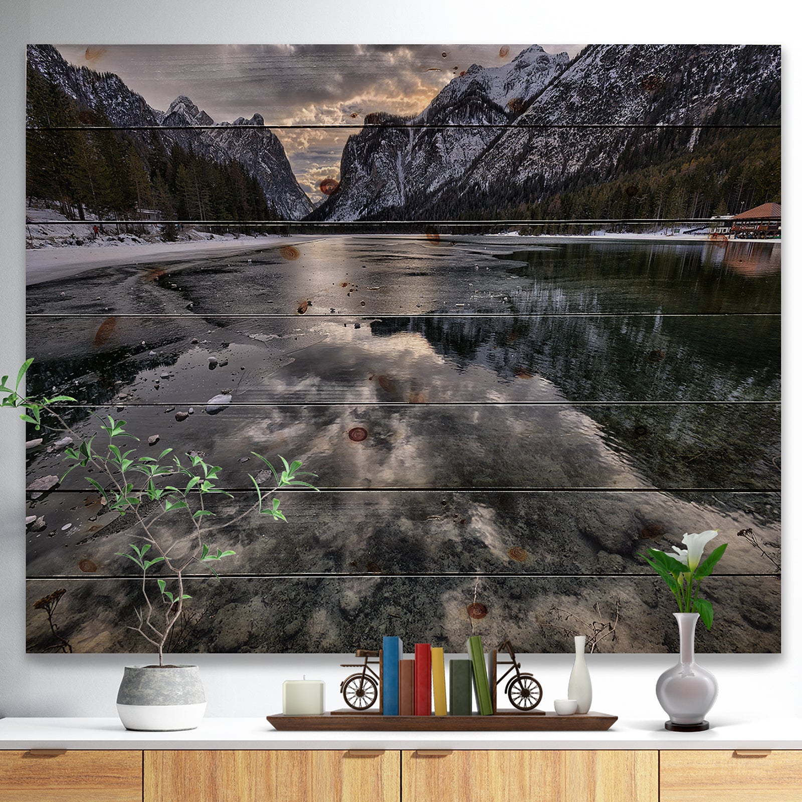 Black Icy Mountain Lake with Snow - Contemporary Landscape Print on Natural Pine Wood