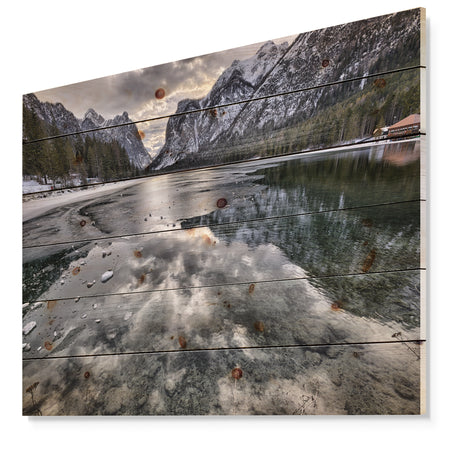 Black Icy Mountain Lake with Snow - Contemporary Landscape Print on Natural Pine Wood