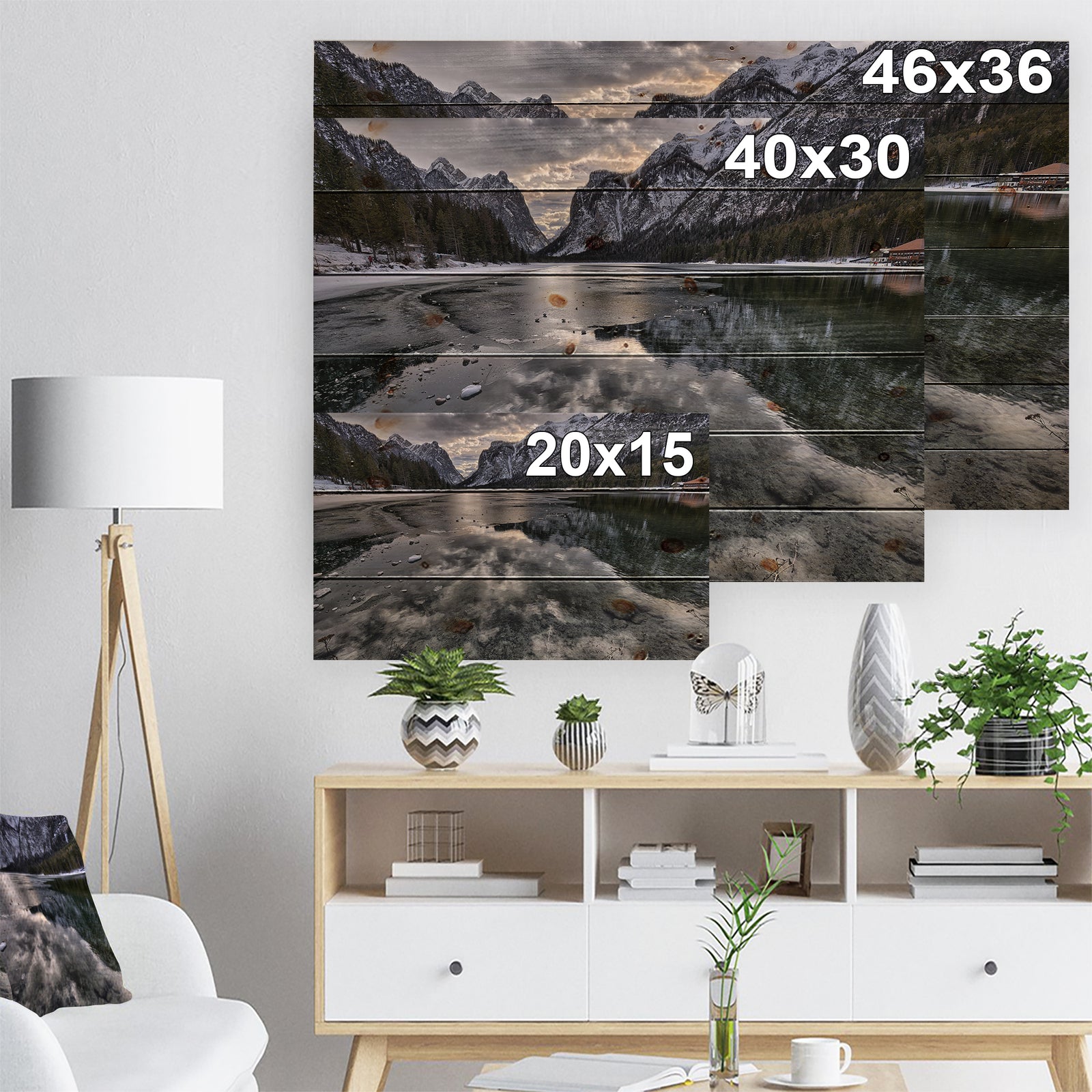 Black Icy Mountain Lake with Snow - Contemporary Landscape Print on Natural Pine Wood