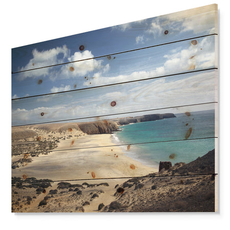 Bright Seashore with Blue Waters - Seashore Print on Natural Pine Wood