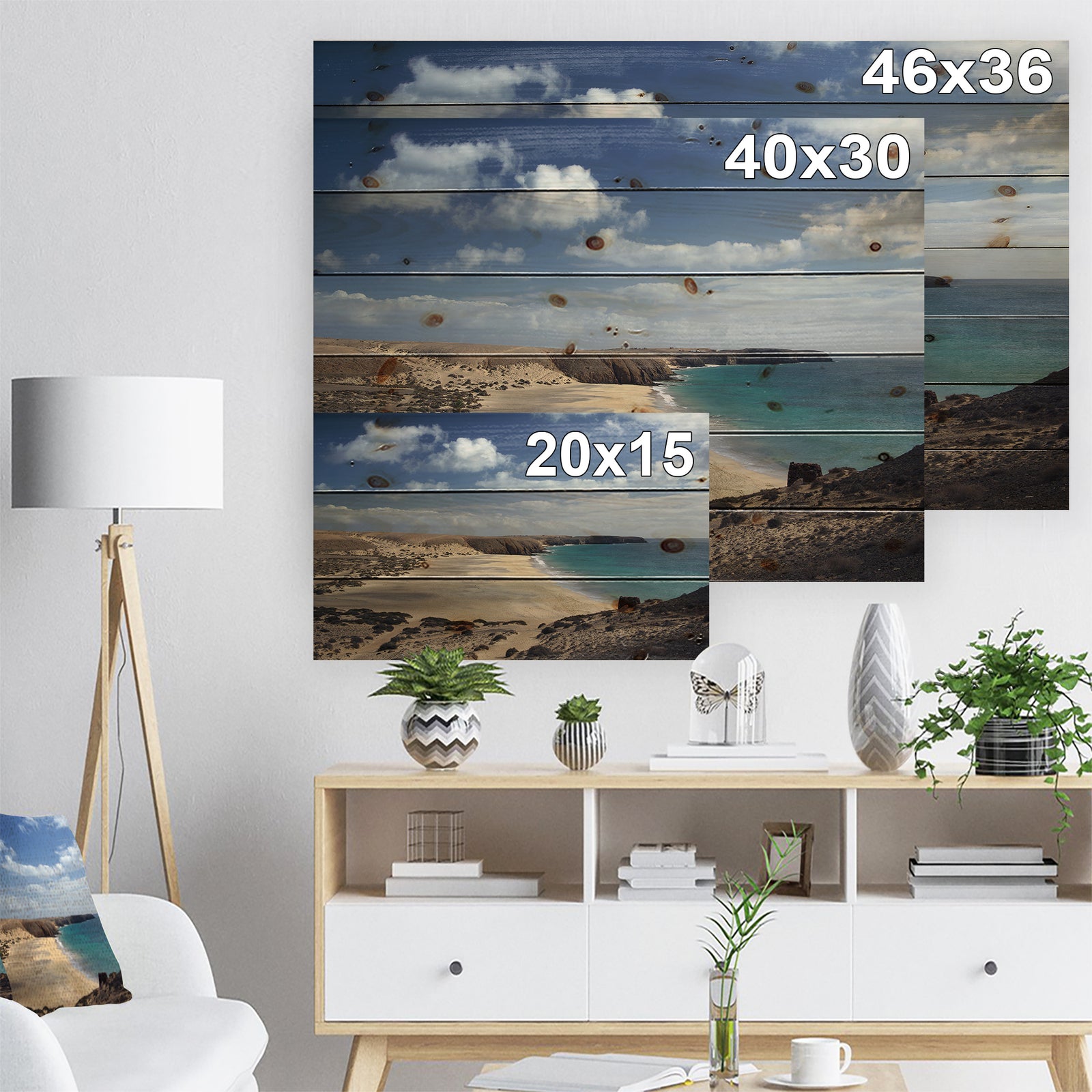 Bright Seashore with Blue Waters - Seashore Print on Natural Pine Wood