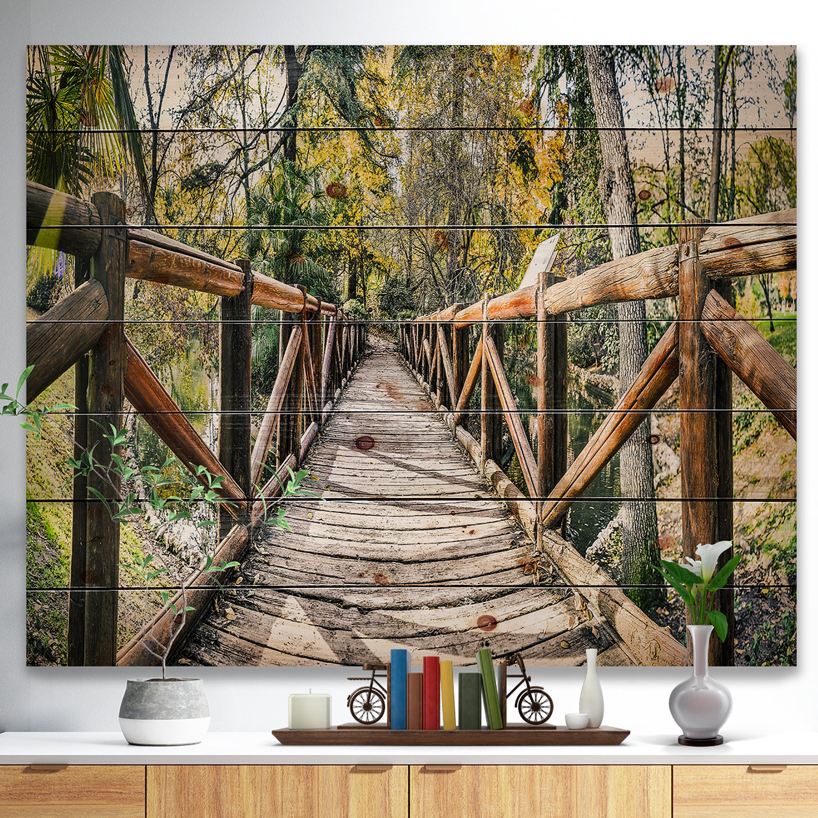 Wooden Bridge in Forest - Wooden Sea Bridge Print on Natural Pine Wood