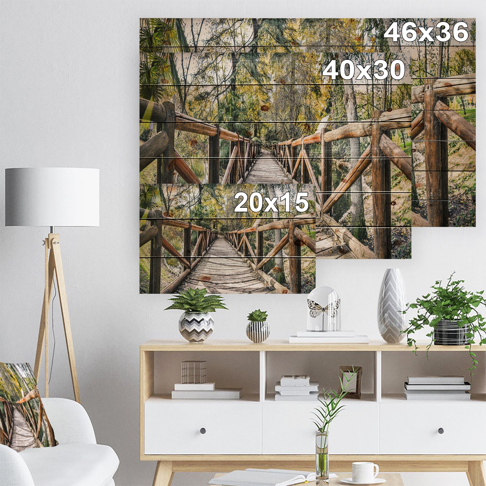 Wooden Bridge in Forest - Wooden Sea Bridge Print on Natural Pine Wood