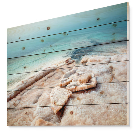 Dead Sea Beach with Crystallized Salt - Seashore Print on Natural Pine Wood