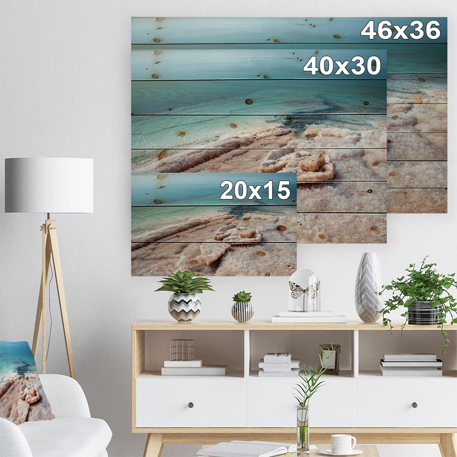 Dead Sea Beach with Crystallized Salt - Seashore Print on Natural Pine Wood