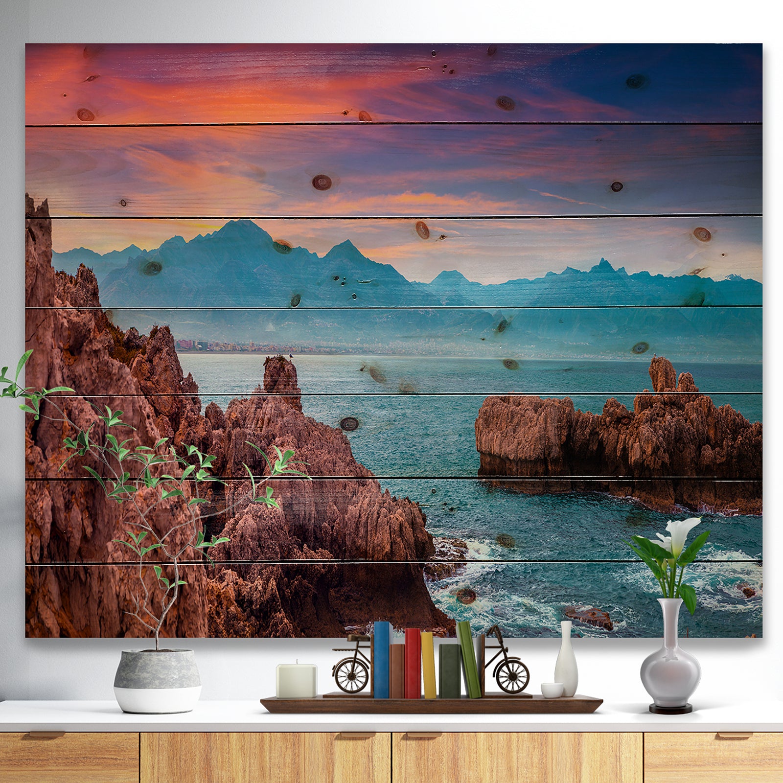 Sunrise on Barbor Milazzo Panorama - Landscape Print on Natural Pine Wood