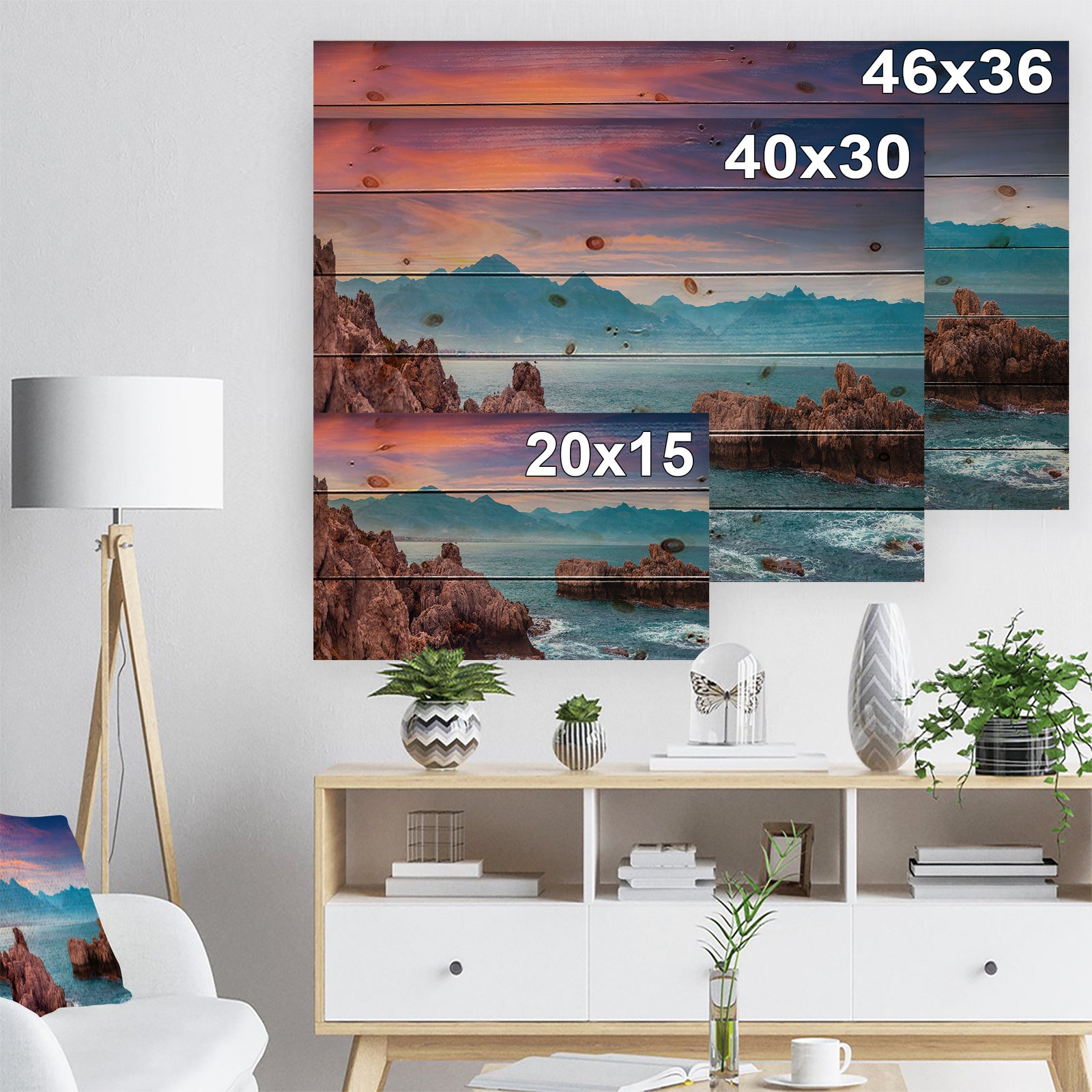 Sunrise on Barbor Milazzo Panorama - Landscape Print on Natural Pine Wood