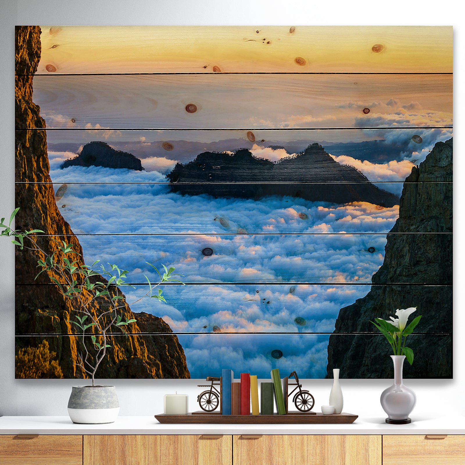 Gran Canaria Sunset over Clouds - Seashore Print on Natural Pine Wood