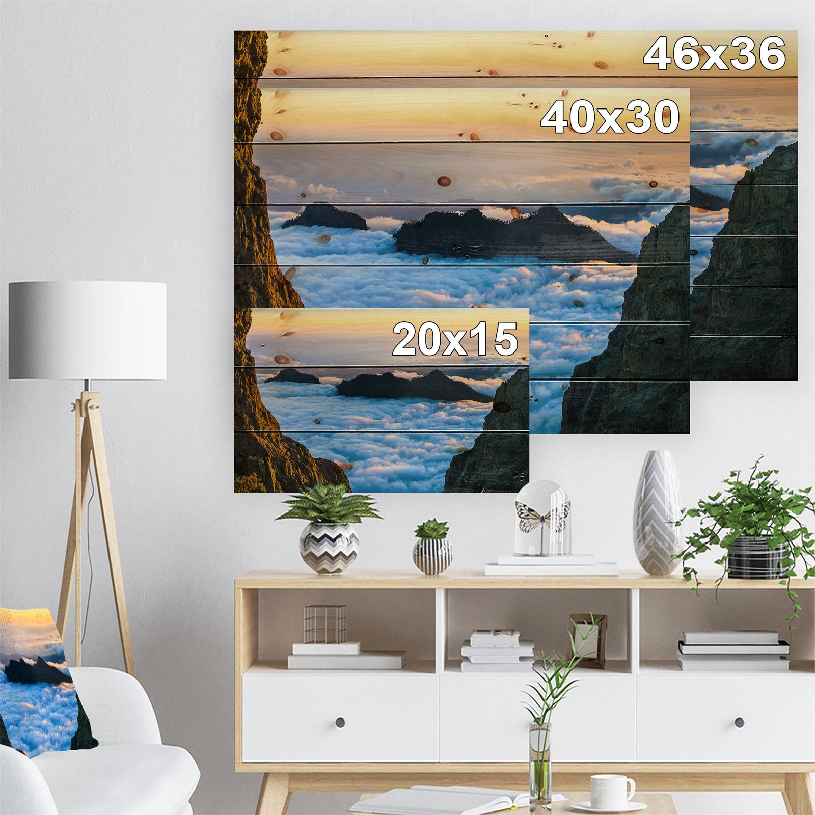 Gran Canaria Sunset over Clouds - Seashore Print on Natural Pine Wood
