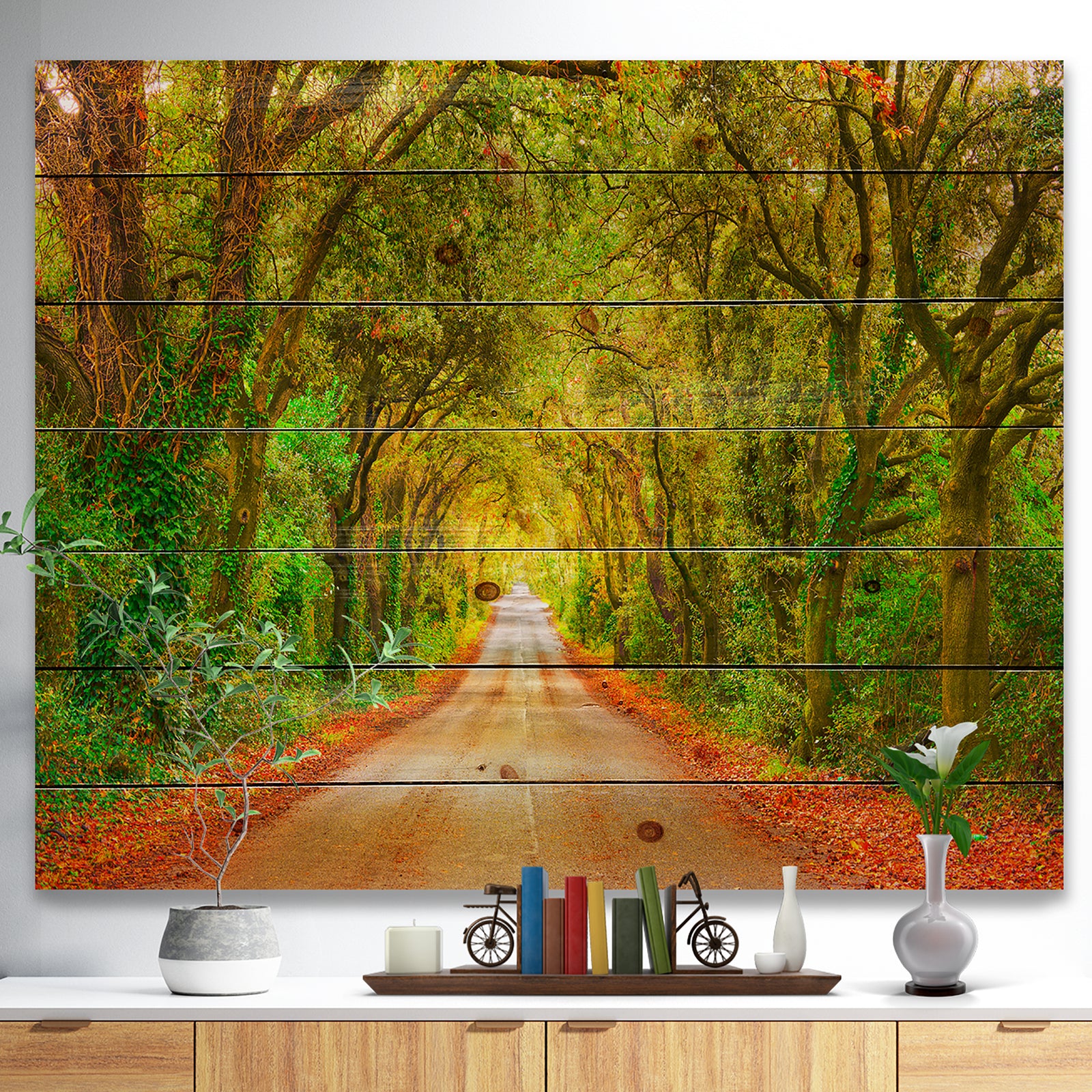 Fall Greenery and Road Straight Ahead - Forest Print on Natural Pine Wood
