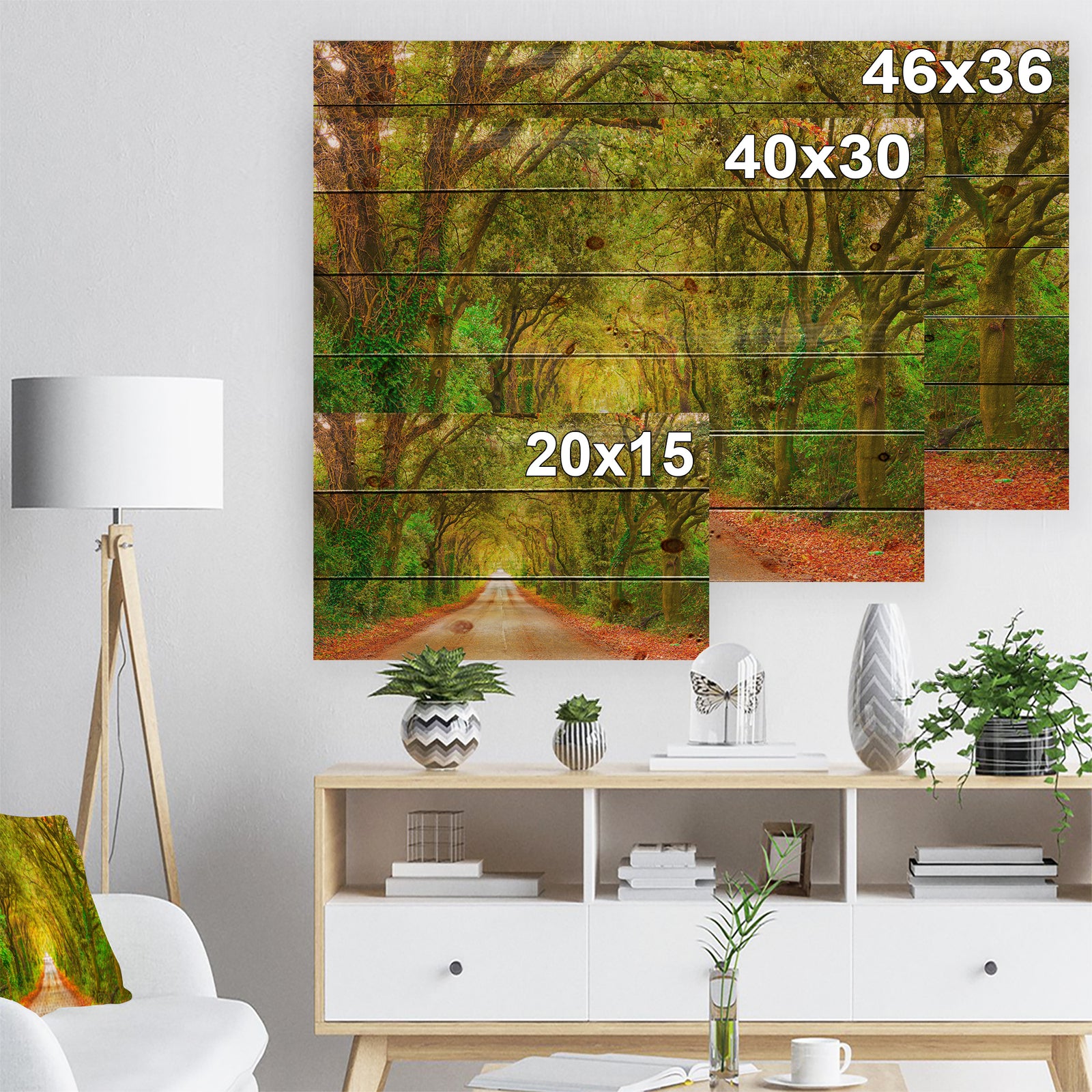 Fall Greenery and Road Straight Ahead - Forest Print on Natural Pine Wood