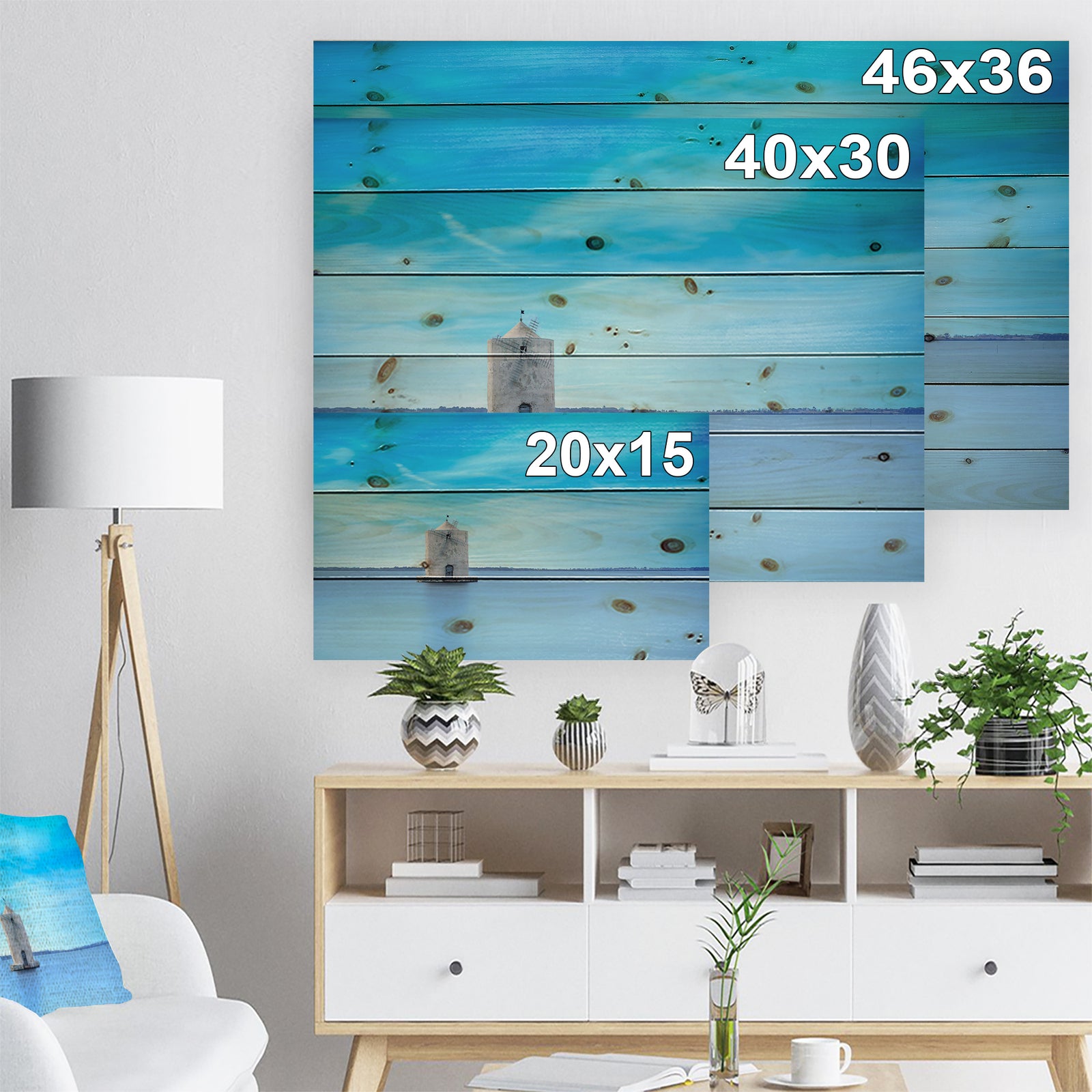 Old Spanish Windmill in Blue Lagoon - Seashore Print on Natural Pine Wood