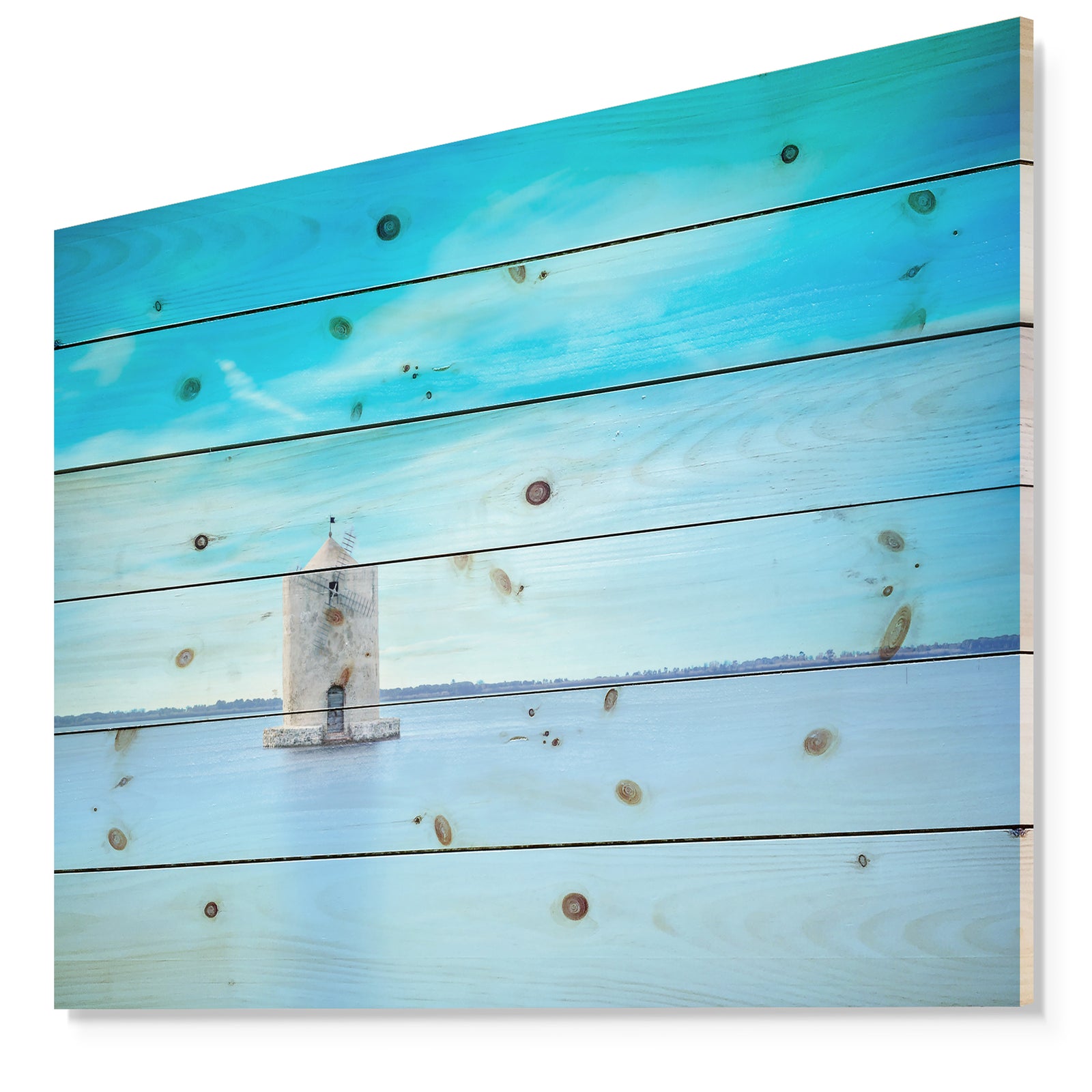 Old Spanish Windmill in Blue Lagoon - Seashore Print on Natural Pine Wood