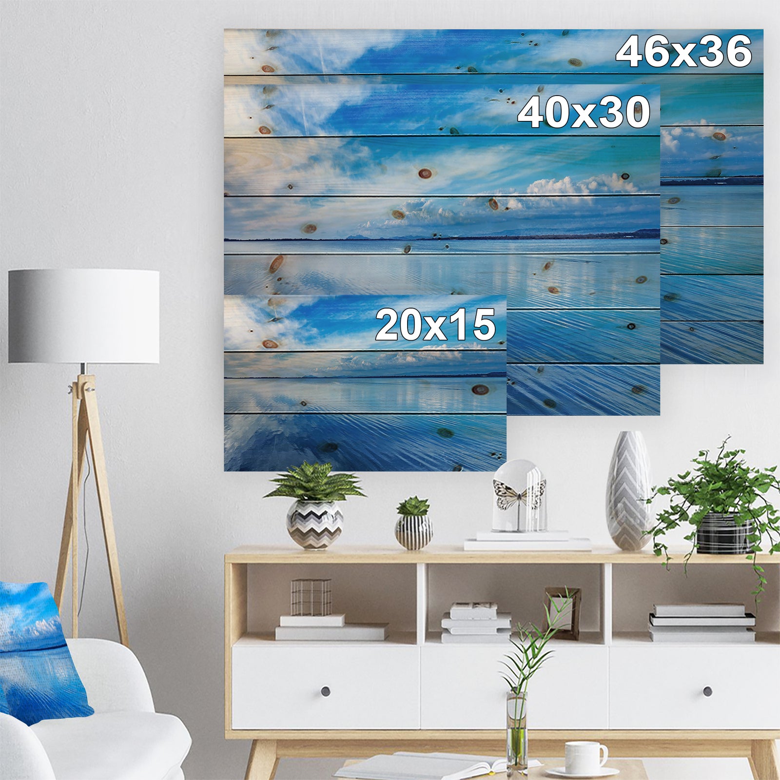 Sunset Blue Panoramic Landscape - Landscape Print on Natural Pine Wood