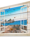 Open Window to Blue Seashore - Landscape Print on Natural Pine Wood