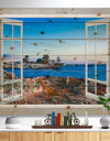 Open Window to Blue Seashore - Landscape Print on Natural Pine Wood