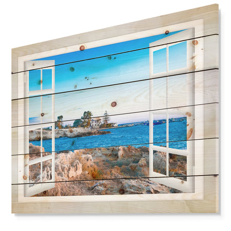 Open Window to Blue Seashore - Landscape Print on Natural Pine Wood
