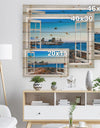 Open Window to Blue Seashore - Landscape Print on Natural Pine Wood