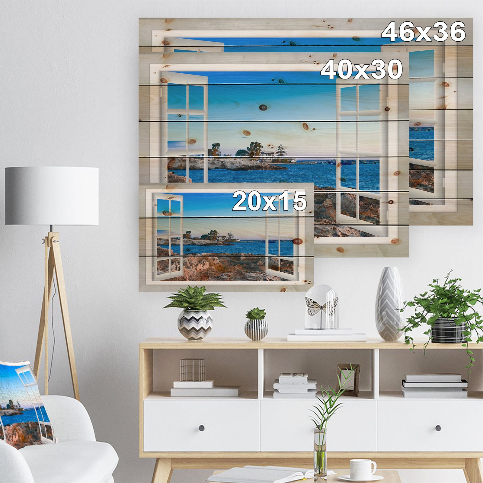 Open Window to Blue Seashore - Landscape Print on Natural Pine Wood