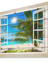 Window Open to Beach with Palm - Seashore Print on Natural Pine Wood