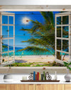 Window Open to Beach with Palm - Seashore Print on Natural Pine Wood