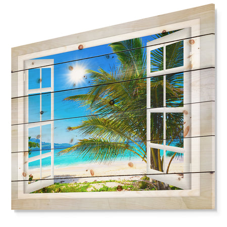 Window Open to Beach with Palm - Seashore Print on Natural Pine Wood