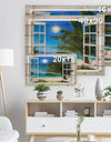 Window Open to Beach with Palm - Seashore Print on Natural Pine Wood