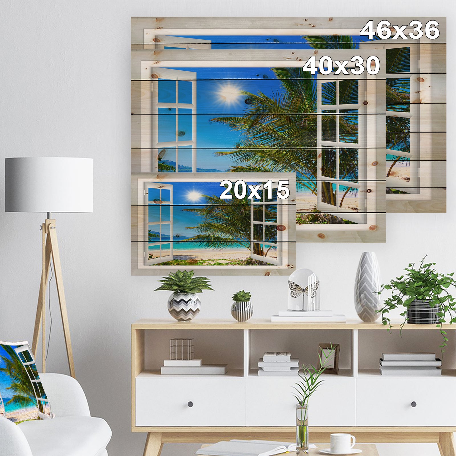 Window Open to Beach with Palm - Seashore Print on Natural Pine Wood