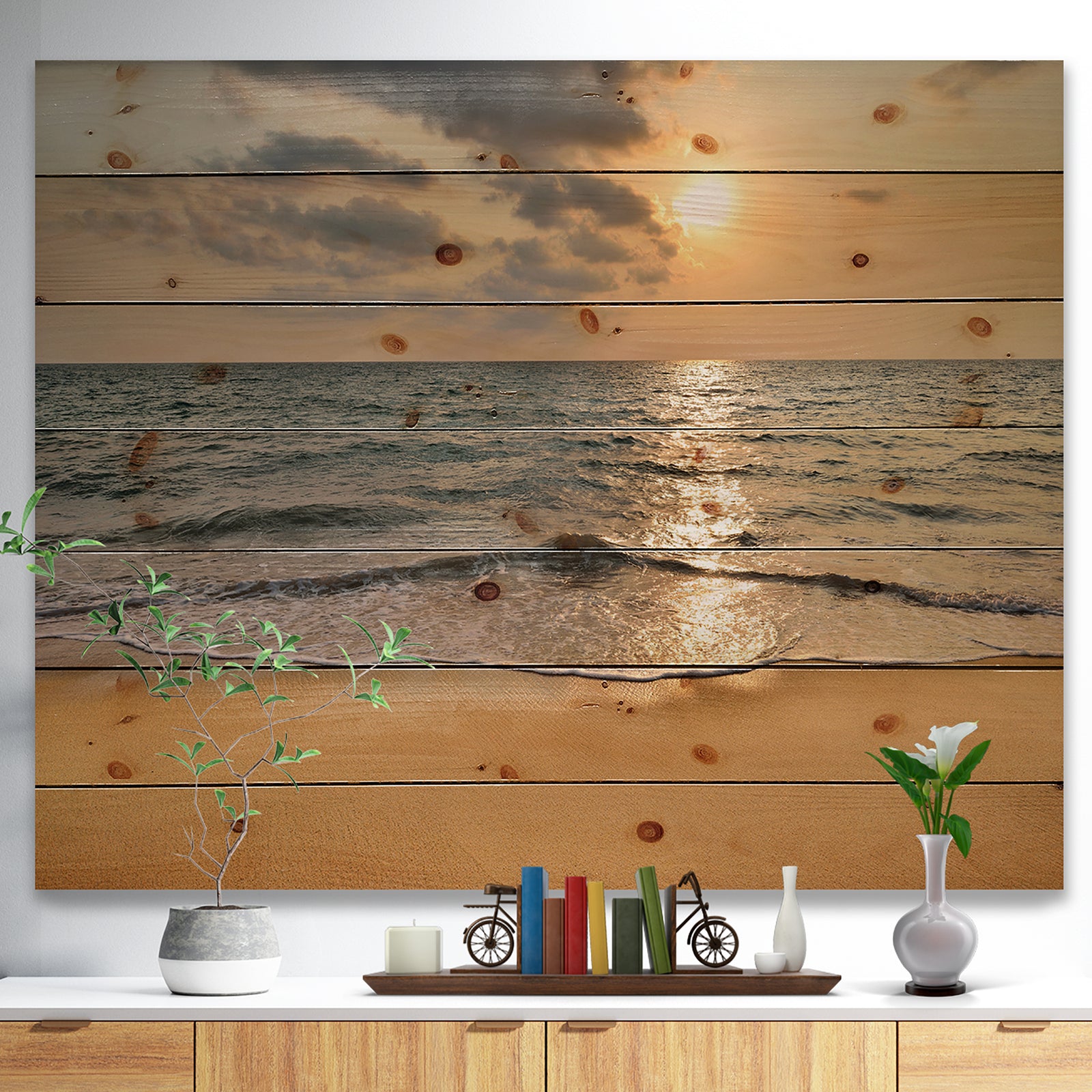 Dark Tropical Sand Beach at Sunset - Modern Seascape Print on Natural Pine Wood