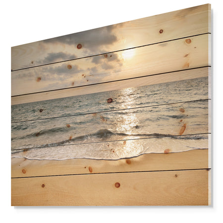 Dark Tropical Sand Beach at Sunset - Modern Seascape Print on Natural Pine Wood