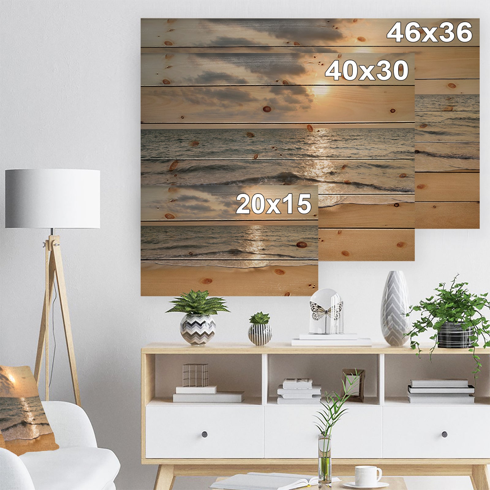 Dark Tropical Sand Beach at Sunset - Modern Seascape Print on Natural Pine Wood