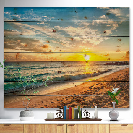 White Beach in Island of Barbados - Modern Seascape Print on Natural Pine Wood