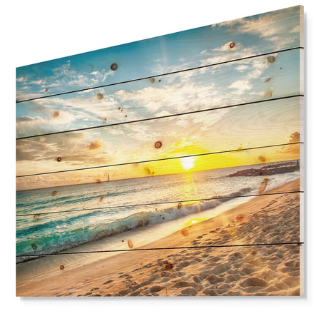 White Beach in Island of Barbados - Modern Seascape Print on Natural Pine Wood