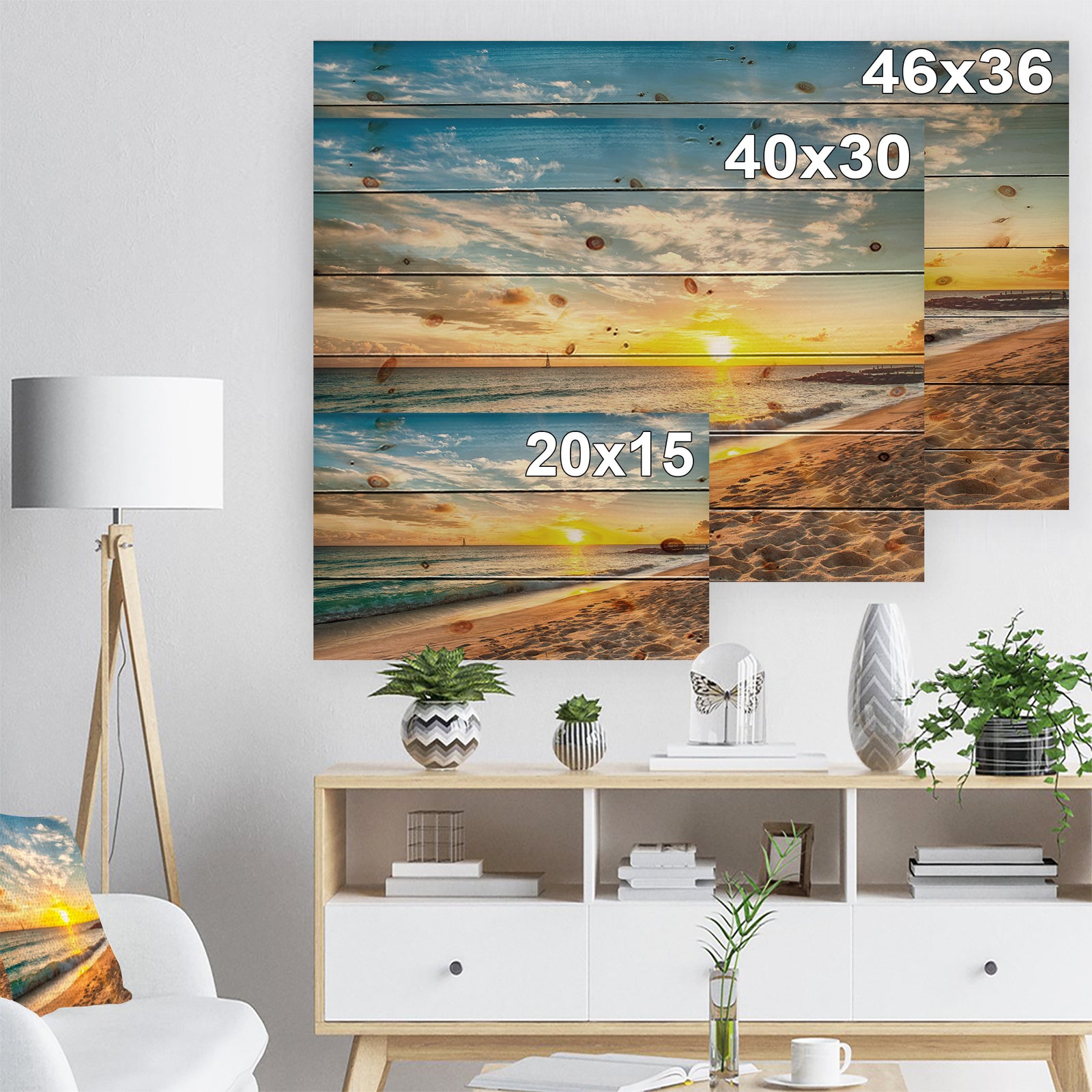 White Beach in Island of Barbados - Modern Seascape Print on Natural Pine Wood