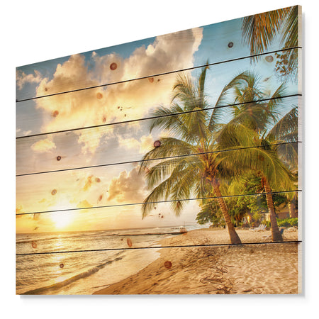 Gorgeous Beach of Island Barbados - Modern Seascape Print on Natural Pine Wood