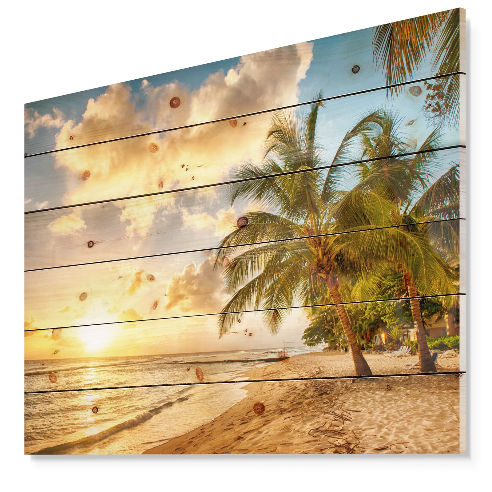Gorgeous Beach of Island Barbados - Modern Seascape Print on Natural Pine Wood