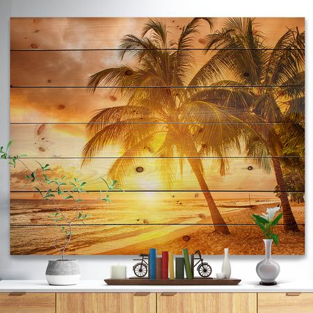 Bright Sunset at Barbados Island - Modern Seascape Print on Natural Pine Wood