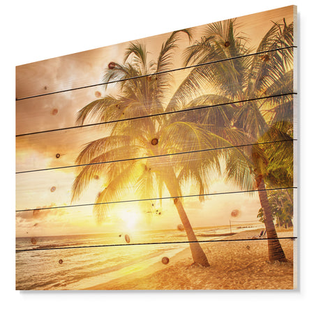 Bright Sunset at Barbados Island - Modern Seascape Print on Natural Pine Wood