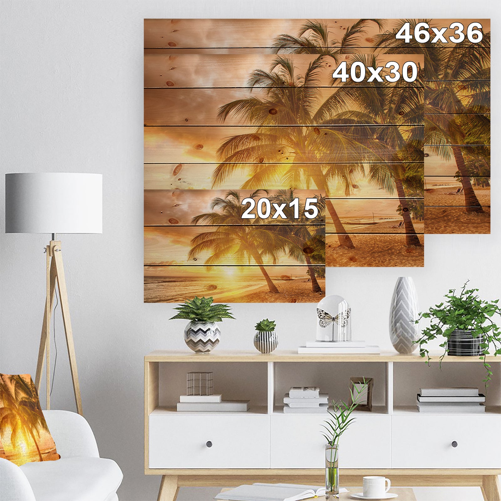Bright Sunset at Barbados Island - Modern Seascape Print on Natural Pine Wood